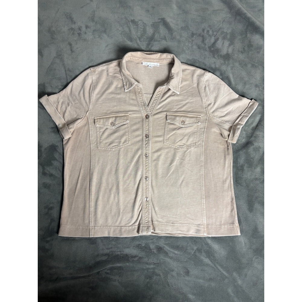 Jane + Delancey Women XL Tan Beige Mixed Media Button Front Short Sleeve Top